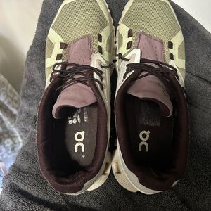 On Running Olive and Mauve Sneakers